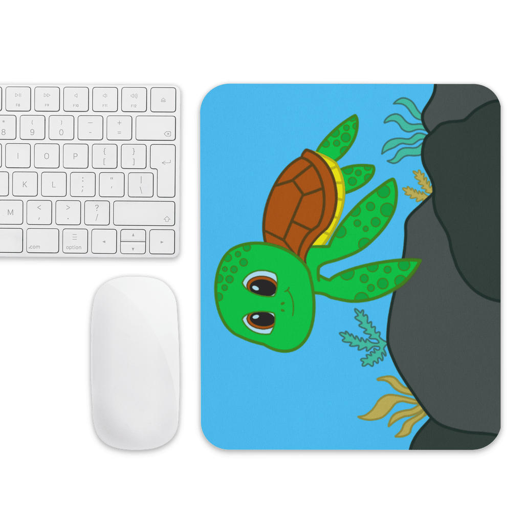 Lifestyle image of the Fun Sea Turtle Computer Mouse Pad in use, highlighting its cute sea turtle design and natural rubber base for optimal grip.