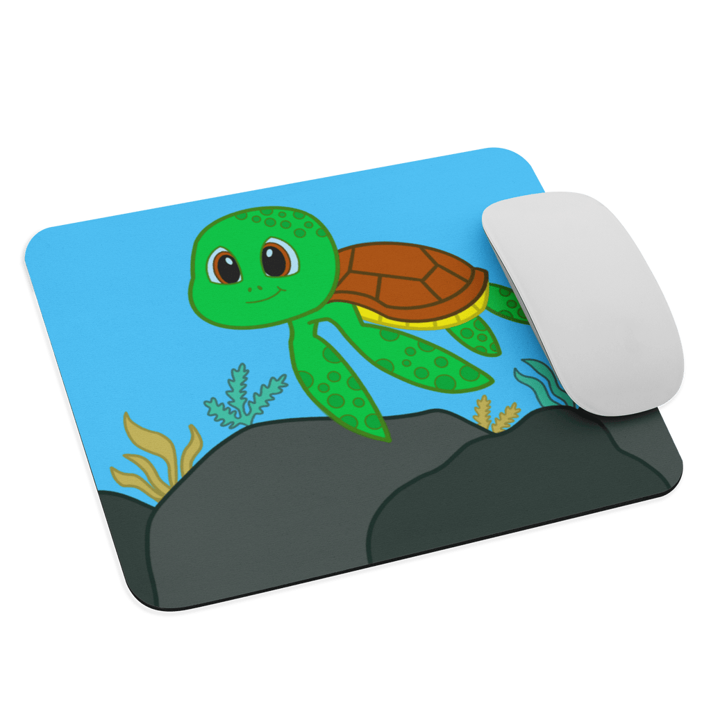 Close-up of the Fun Sea Turtle Computer Mouse Pad showcasing its vibrant colours and soft polyester surface, ideal for effortless mouse movement.