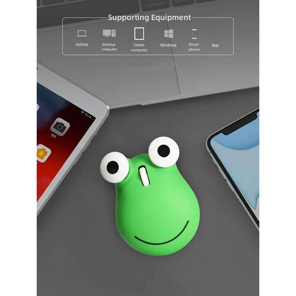 Fun Wireless Frog Computer Mouse in green with big eyes and a smile, perfect for school or office work.