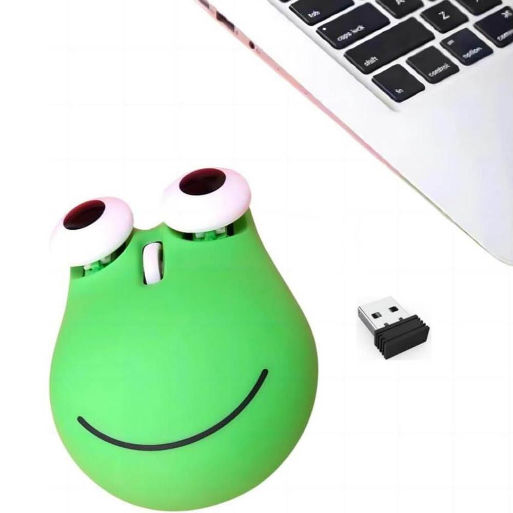 Close-up of the Fun Wireless Frog Computer Mouse featuring big eyes and a smile, complete with AAA battery included, ideal for a fun addition to any desk.
