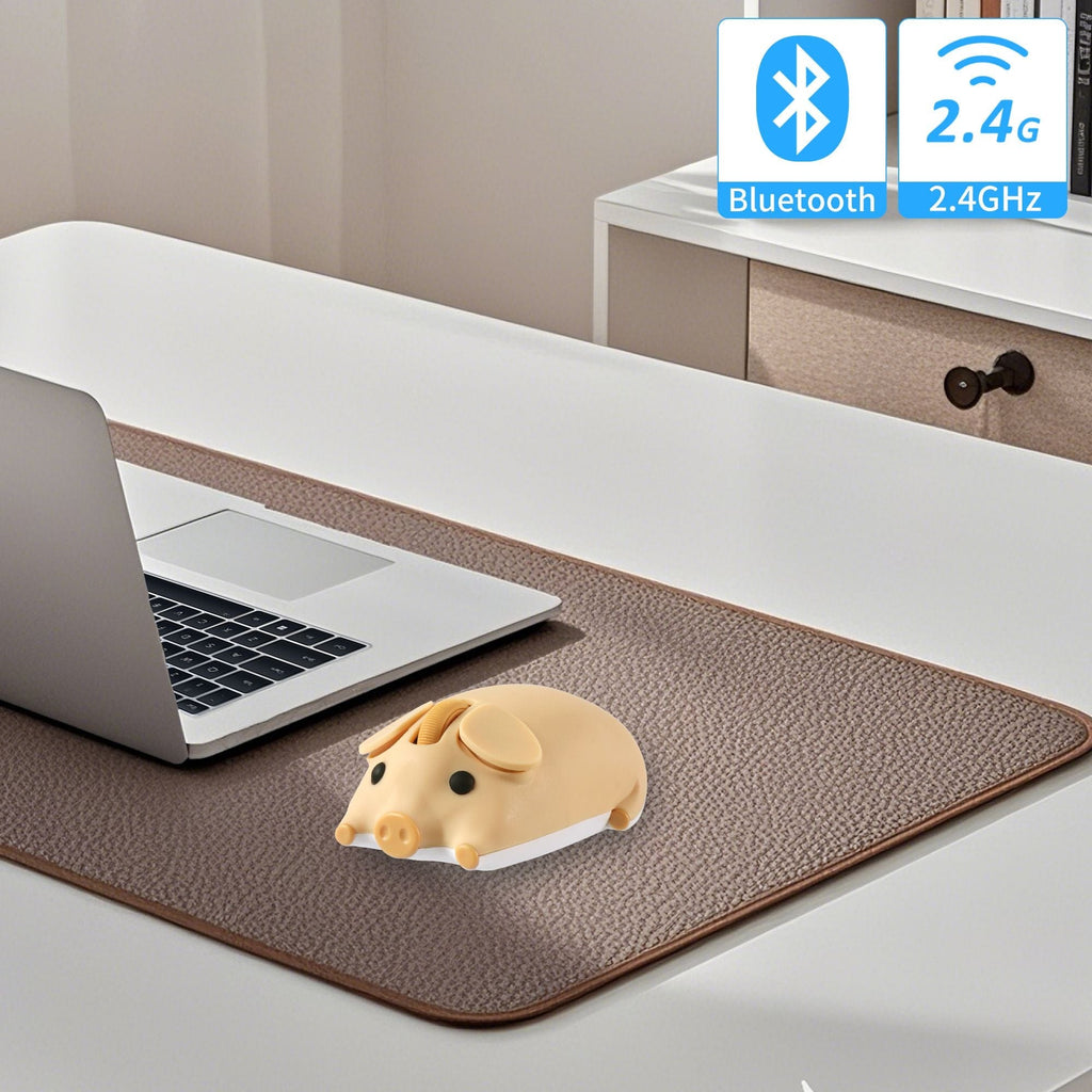 Cute Wireless Piglet Computer Mouse for Windows, Mac, Linux - 1200 DPI with USB Dongle, showcasing the unique piglet design and handy battery storage.
