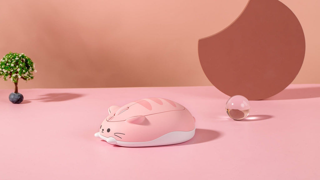 Pink Angie edition of the Adorable Wireless Tabby Cat Computer Mouse, comes with a soft carry bag.
