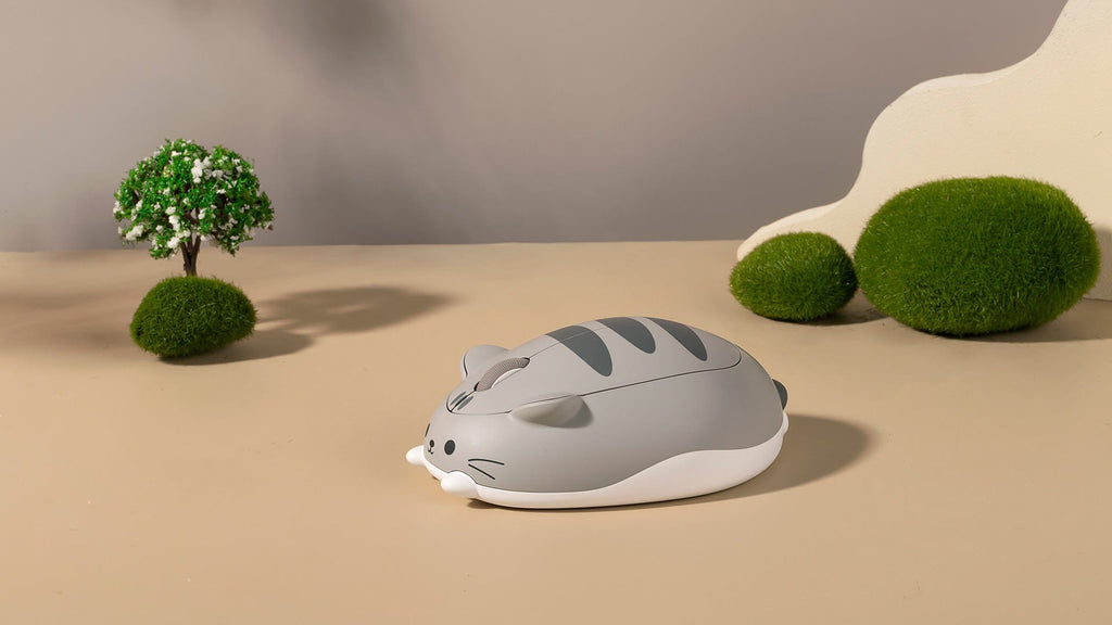 Grey Mimo variant of the Adorable Wireless Tabby Cat Computer Mouse with Soft Carry Bag.
