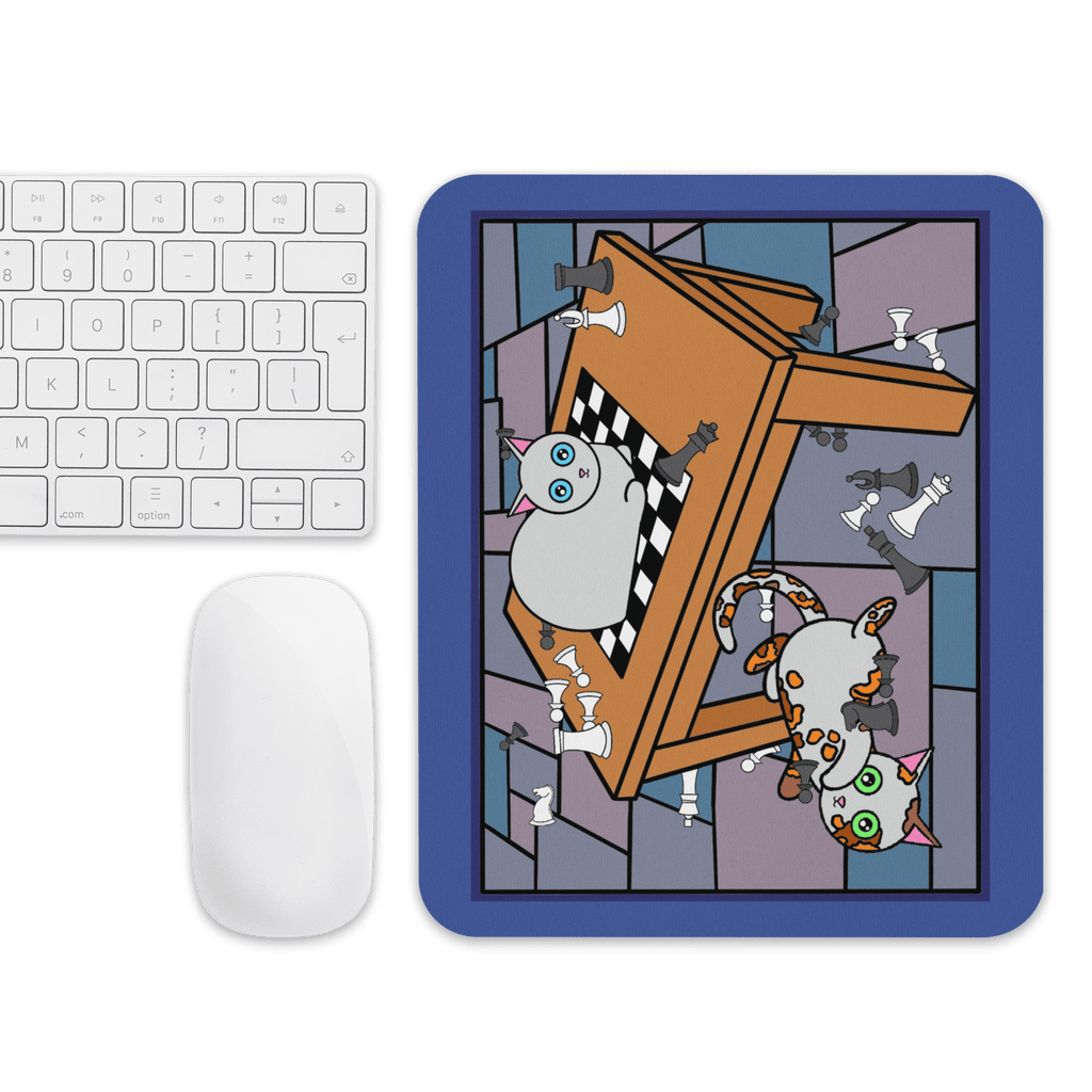 Chess Cats Themed Mouse Pad featuring playful cat designs, made of 100% polyester with a non-slip rubber base, measuring 8.7" x 7.1".