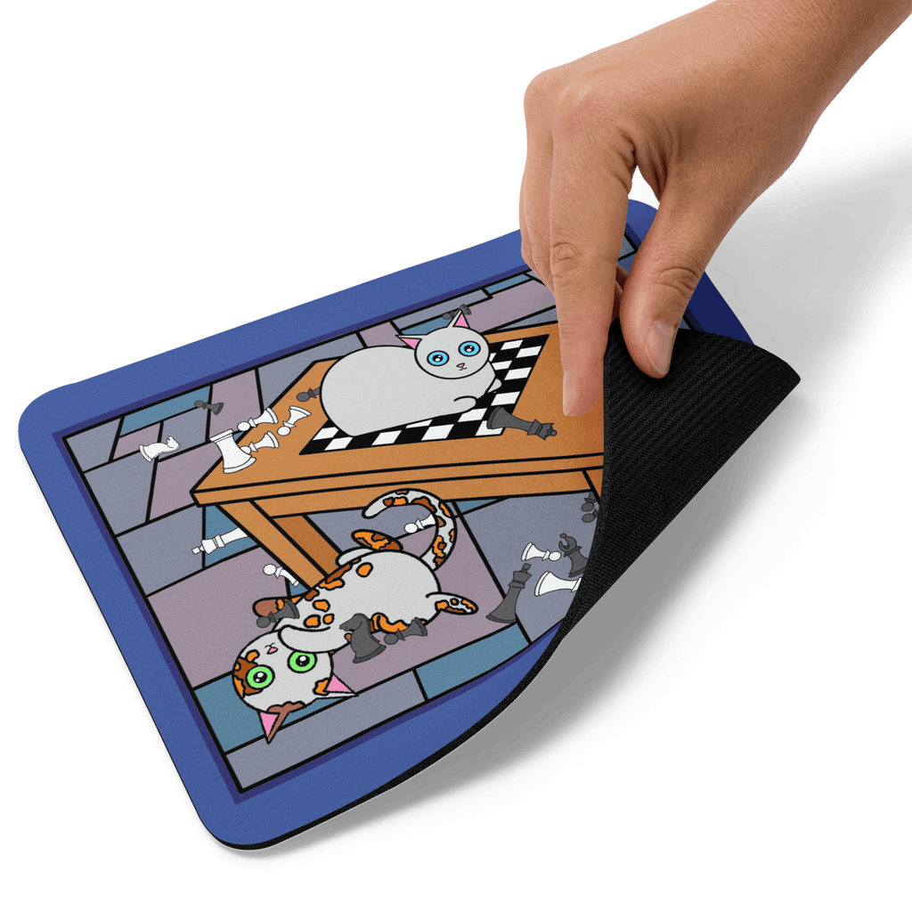 Top view of the Chess Cats Themed Mouse Pad measuring 8.7" x 7.1", ideal for adding a fun touch to your workspace with charming cat graphics.