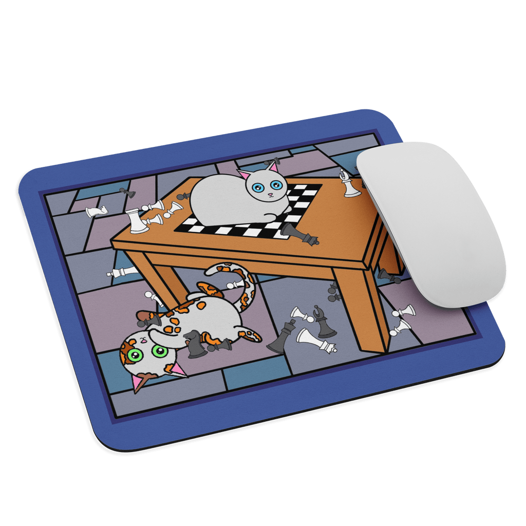 Close-up of the Chess Cats Themed Mouse Pad showcasing its soft polyester surface and durable non-slip rubber base, designed for effortless mouse movement.