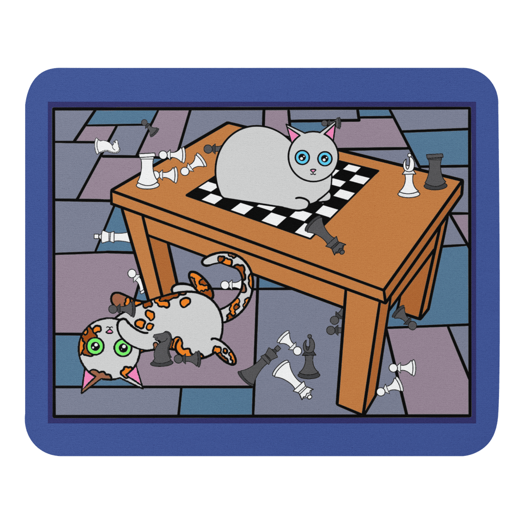 Chess Cats Themed Mouse Pad featuring playful cat illustrations, made of 100% polyester with a non-slip rubber base, perfect for chess lovers and cat fans.
