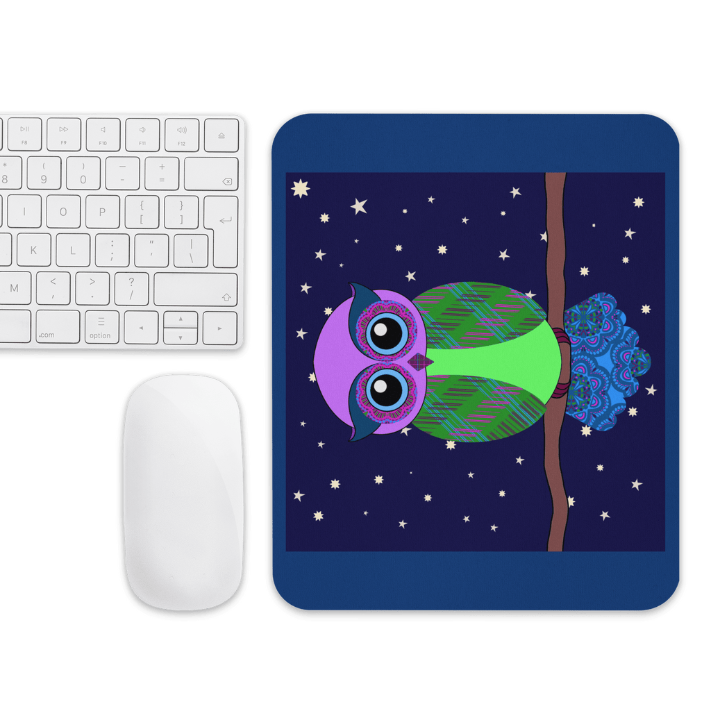 Cute Owl Design Mouse Pad - Soft 100% Polyester, showcasing its vibrant owl art and natural rubber base for superb mouse movement, ideal for home or office use.