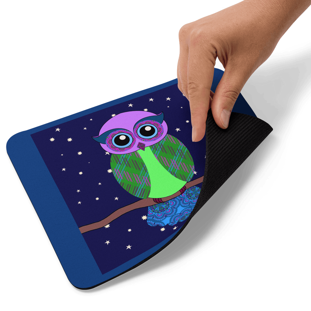 Cute Owl Design Mouse Pad - Soft 100% Polyester with Natural Rubber Base, perfect for owl enthusiasts and animal lovers, featuring a smartly dressed owl design.