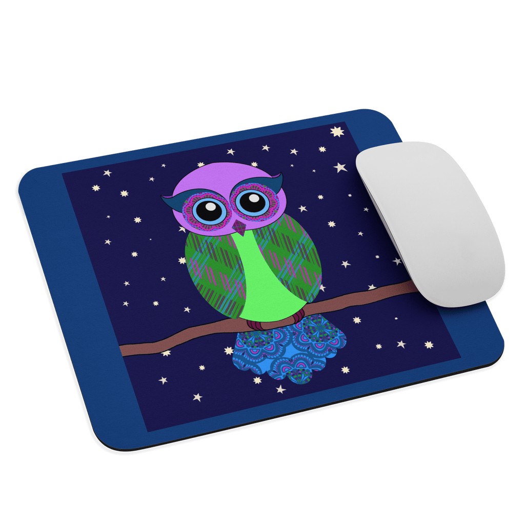 Close-up view of the Cute Owl Design Mouse Pad showcasing its vibrant owl illustration and rounded edges, ideal for seamless mouse movement.