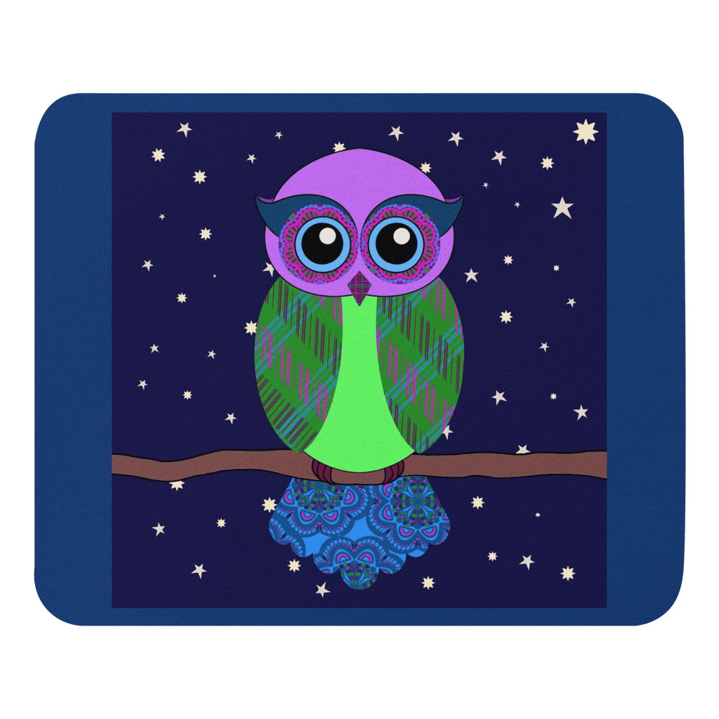 Cute Owl Design Mouse Pad featuring a soft 100% polyester surface and natural rubber base, perfect for owl enthusiasts and animal lovers.