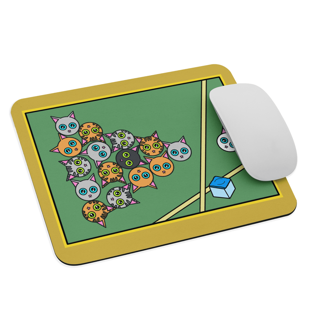 Close-up of the Cute Cat Pool Table Mouse Pad, measuring 8.7" x 7.1" with rounded edges, ideal for effortless mouse movement.