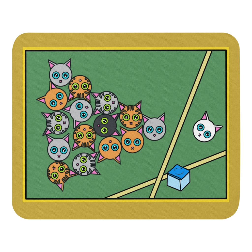 Cute Cat Pool Table Mouse Pad featuring a soft 100% polyester surface and natural rubber grip, perfect for cat lovers and pool enthusiasts.