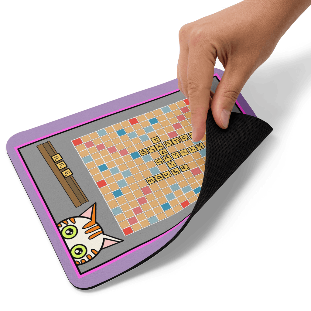 Fun Cat Scrabble Mouse Pad displayed on a desk, featuring vibrant colours and a comfortable grip for enhanced mouse movement.