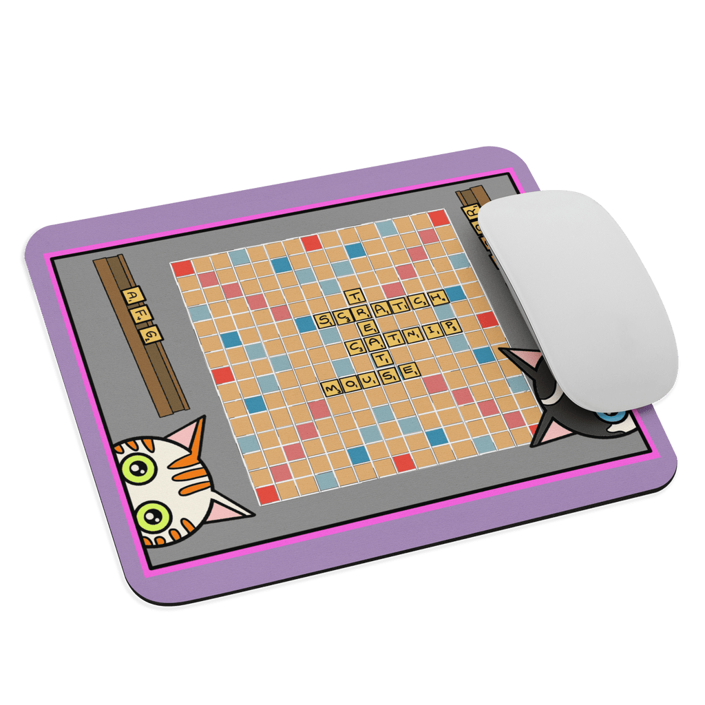 Close-up of Fun Cat Scrabble Mouse Pad showcasing soft polyester surface, ideal gift for cat lovers and Scrabble fans.