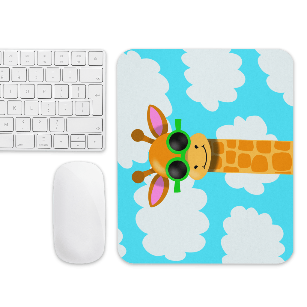 Close-up view of Cool Giraffe Mouse Pad with Stylish Sunglasses showing vibrant colours and smooth texture, perfect for effortless mouse movement.