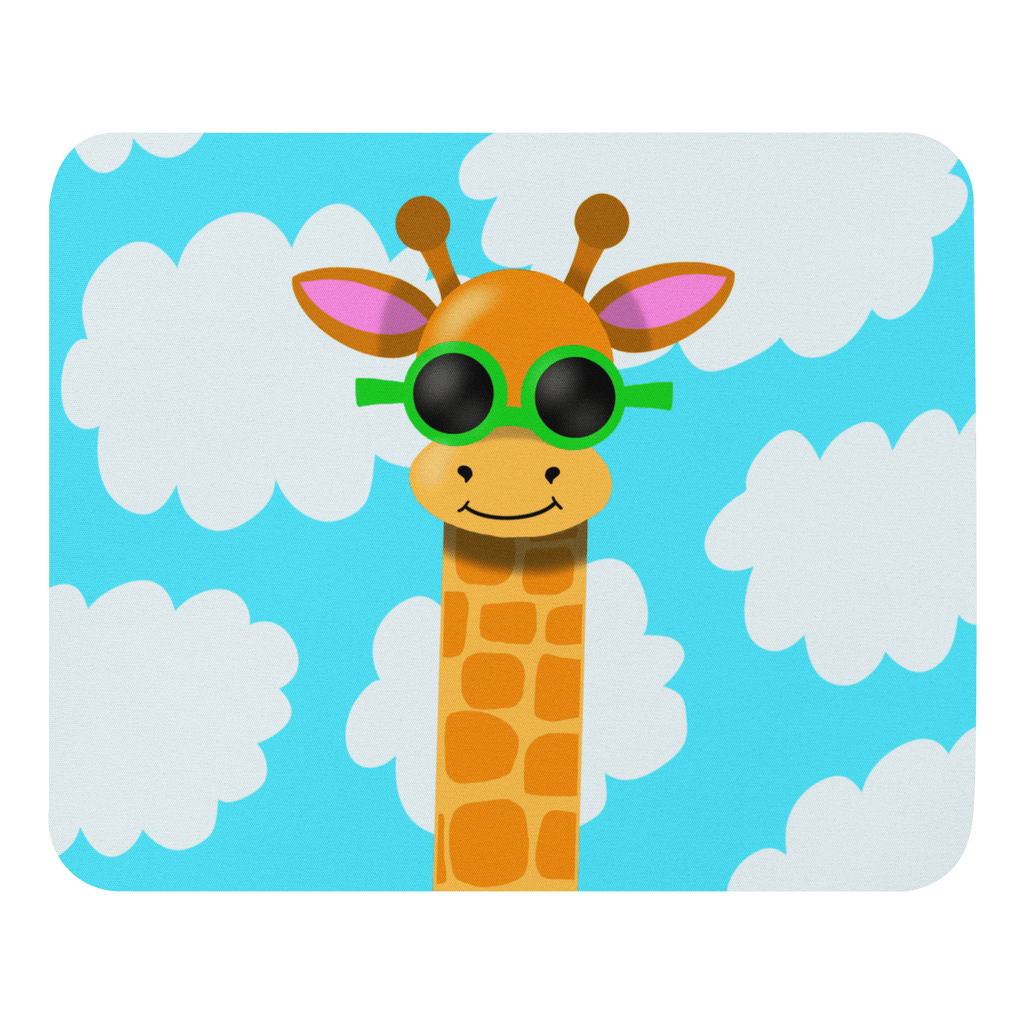 Cool Giraffe Mouse Pad with Stylish Sunglasses - Soft Polyester, Natural Rubber Base, 8.7" x 7.1" featuring a cheerful giraffe wearing green sunglasses against a bright sky.