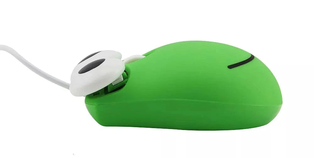 Wired Frog Computer Mouse showcasing its fun, ergonomic design with big eyes and a smile, compatible with Windows, Mac, Linux, and Chromebook. Perfect for frog lovers!