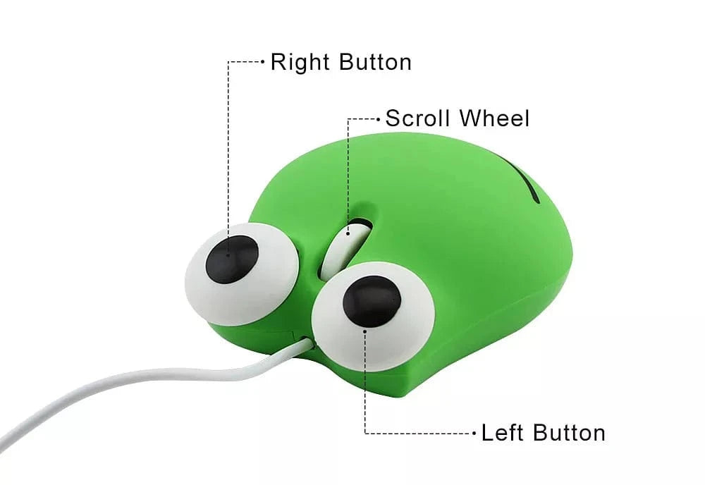 Wired Frog Computer Mouse connected to a laptop, highlighting its compatibility with Windows and Mac.