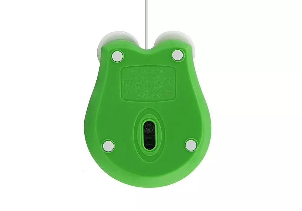 Close-up of the Wired Frog Computer Mouse showcasing its big eyes and vibrant green colour.