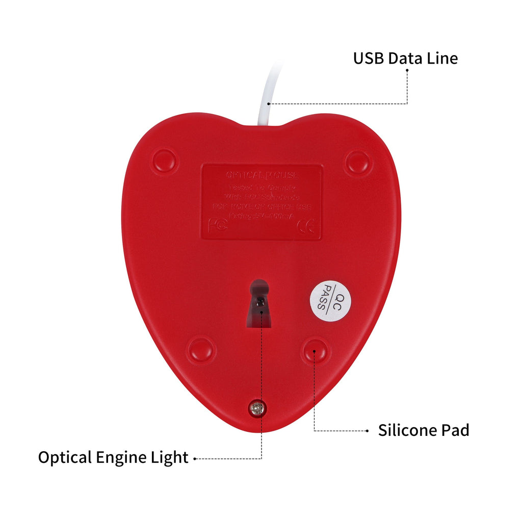 Fun Wired Heart-Shaped Computer Mouse highlighting its detailed specifications, ideal for both romantic gifts and daily use.