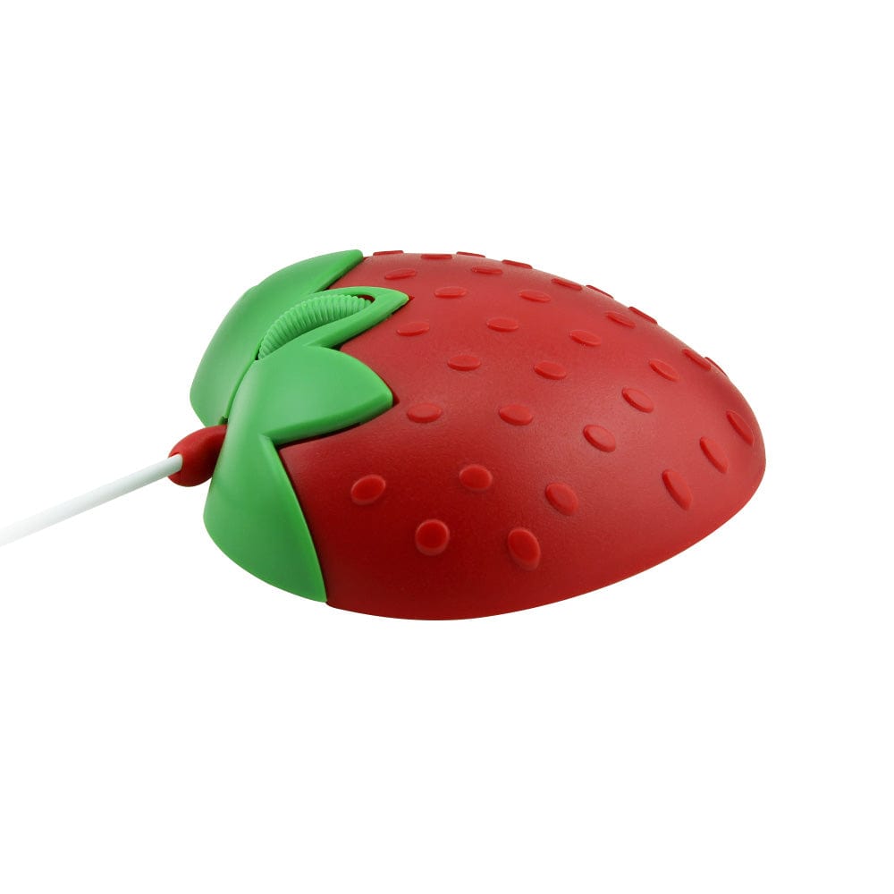 Wired Strawberry Computer Mouse - Fun & Colourful USB Optical Design for Windows, Mac, Linux & Chromebook on a desk.