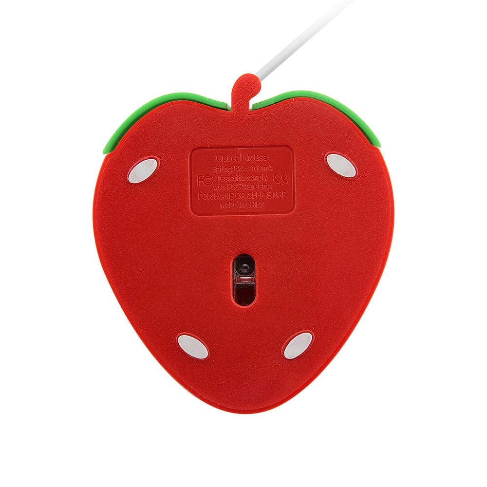 Wired Strawberry Computer Mouse - Fun & Colourful USB Optical Design displayed on a desk, demonstrating its bright and inviting colours for a cheerful setup.