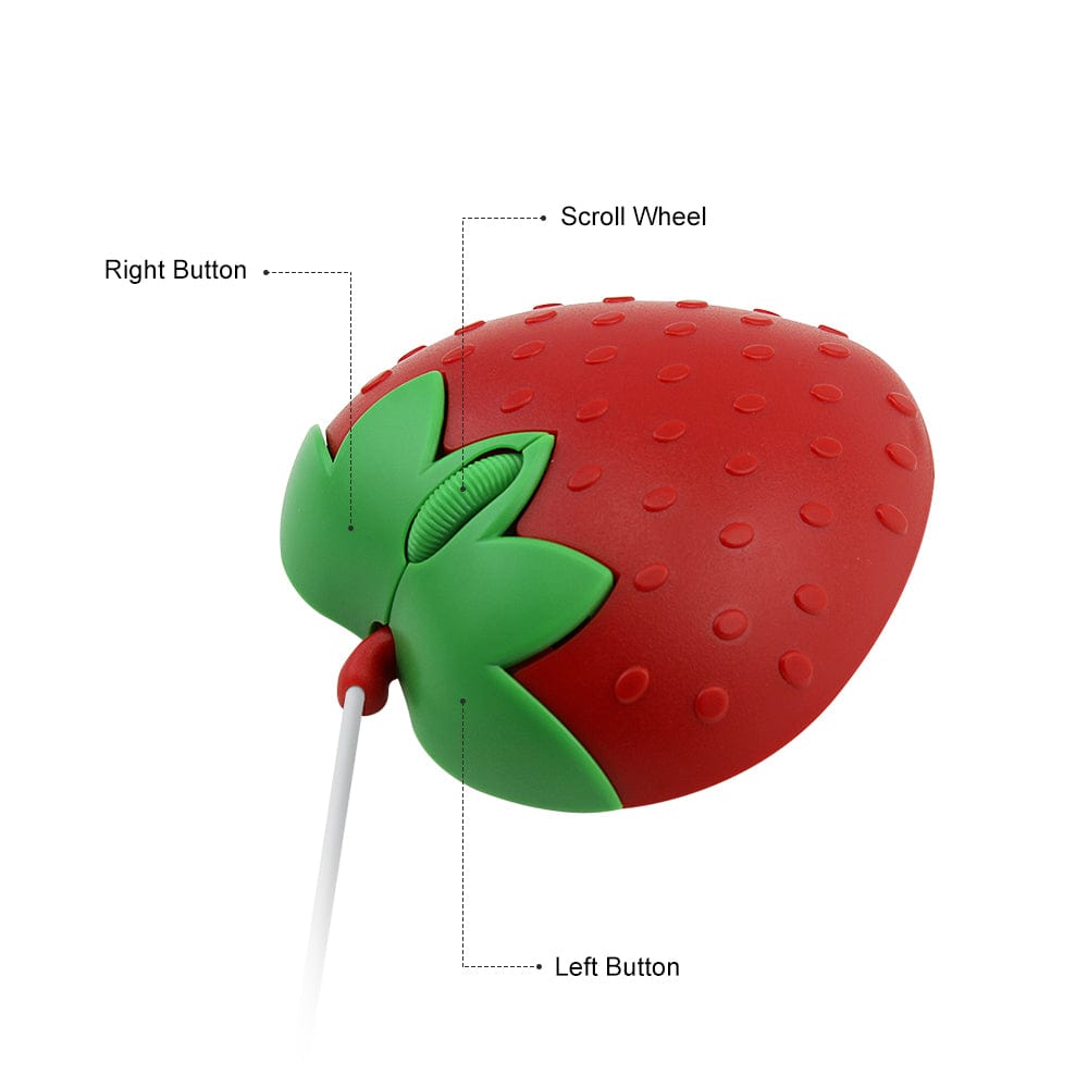 Wired Strawberry Computer Mouse with ergonomic shape for comfortable use, compatible with various operating systems including Windows and Mac.