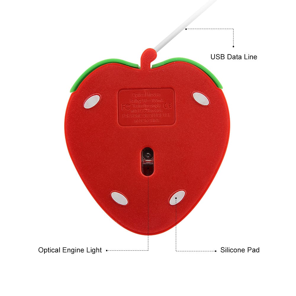 Close-up view of the Wired Strawberry Computer Mouse showcasing its cute strawberry design, a delightful USB optical mouse for any computer.