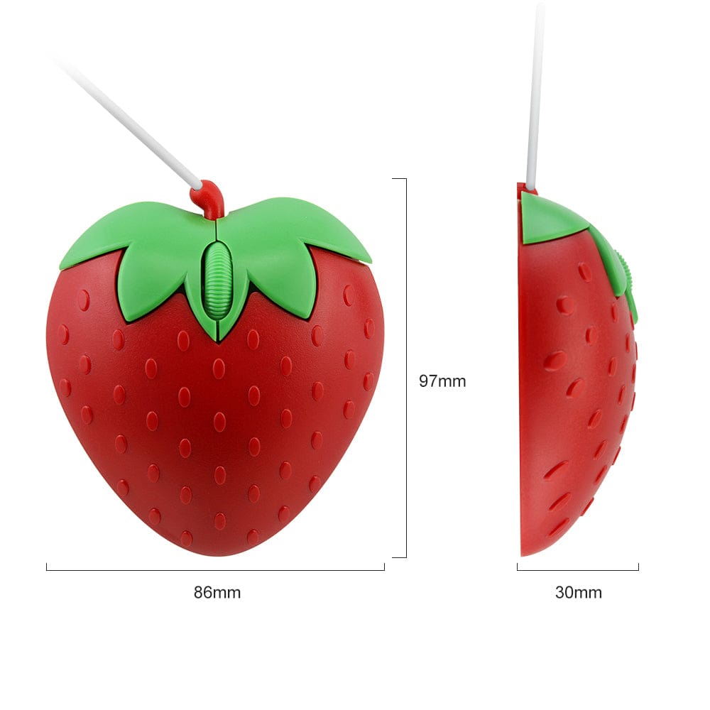 Wired Strawberry Computer Mouse in bright red and green design, perfect for adding a fun touch to your desk. Ideal for Windows, Mac, Linux and Chromebook users.