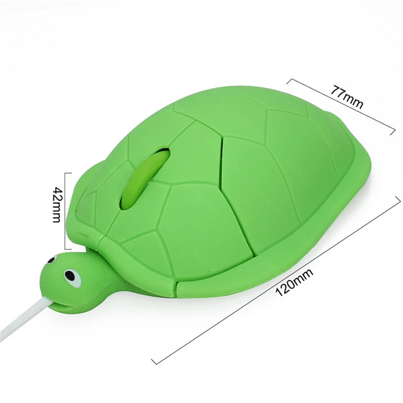 Wired Turtle Shaped Computer Mouse - Fun Optical USB Mouse for Windows, Mac & Linux highlighting its dimensions and specifications.