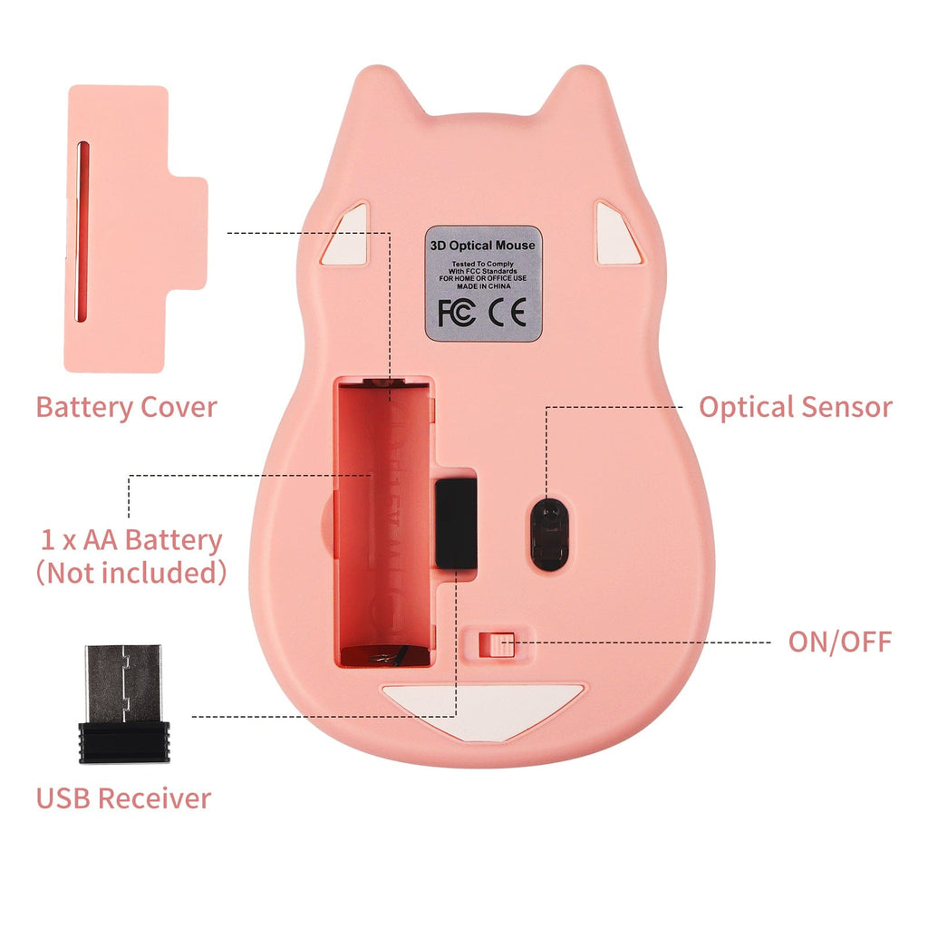 Stylish Wireless Cat-Shaped Computer Mouse With USB Receiver, perfect for cat enthusiasts and daily computing.