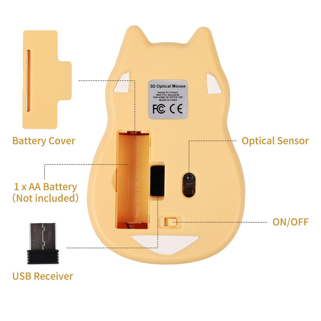 Cute and functional Wireless Cat-Shaped Computer Mouse with USB receiver - Includes 1 AA battery.