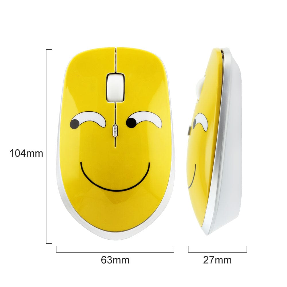 Packaging of the Wireless Emoji Computer Mouse featuring 1200 DPI, included AA battery, highlighting compatibility with Windows, Mac, Linux, and Chromebook.