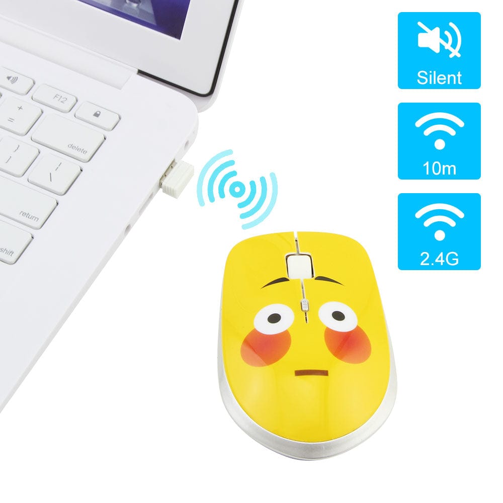 Close-up of Wireless Emoji Computer Mouse with 1200 DPI, features a USB connectivity for easy use.