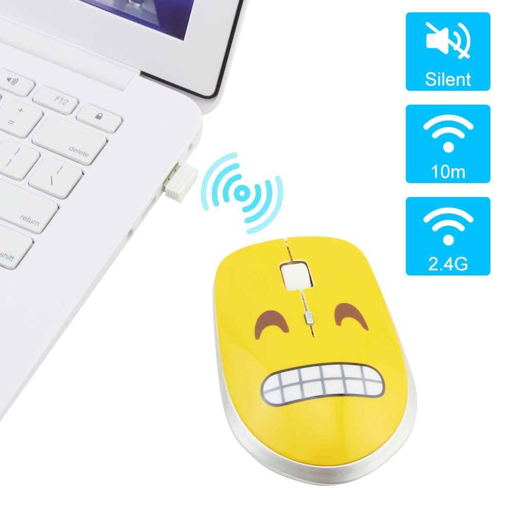 Wireless Emoji Computer Mouse with 1200 DPI, highlighting its ergonomic shape, suitable for Windows, Mac, and Linux.