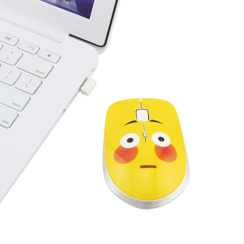 Close-up of the Wireless Emoji Computer Mouse with 1200 DPI, includes an AA battery and is compatible with Windows, Mac, Linux, and Chromebook.