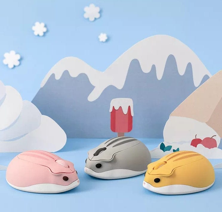 Adorable Wireless Hamster Computer Mouse for Windows, Mac, Linux & Chromebook - battery included, displayed with the battery and USB dongle stored in its belly.