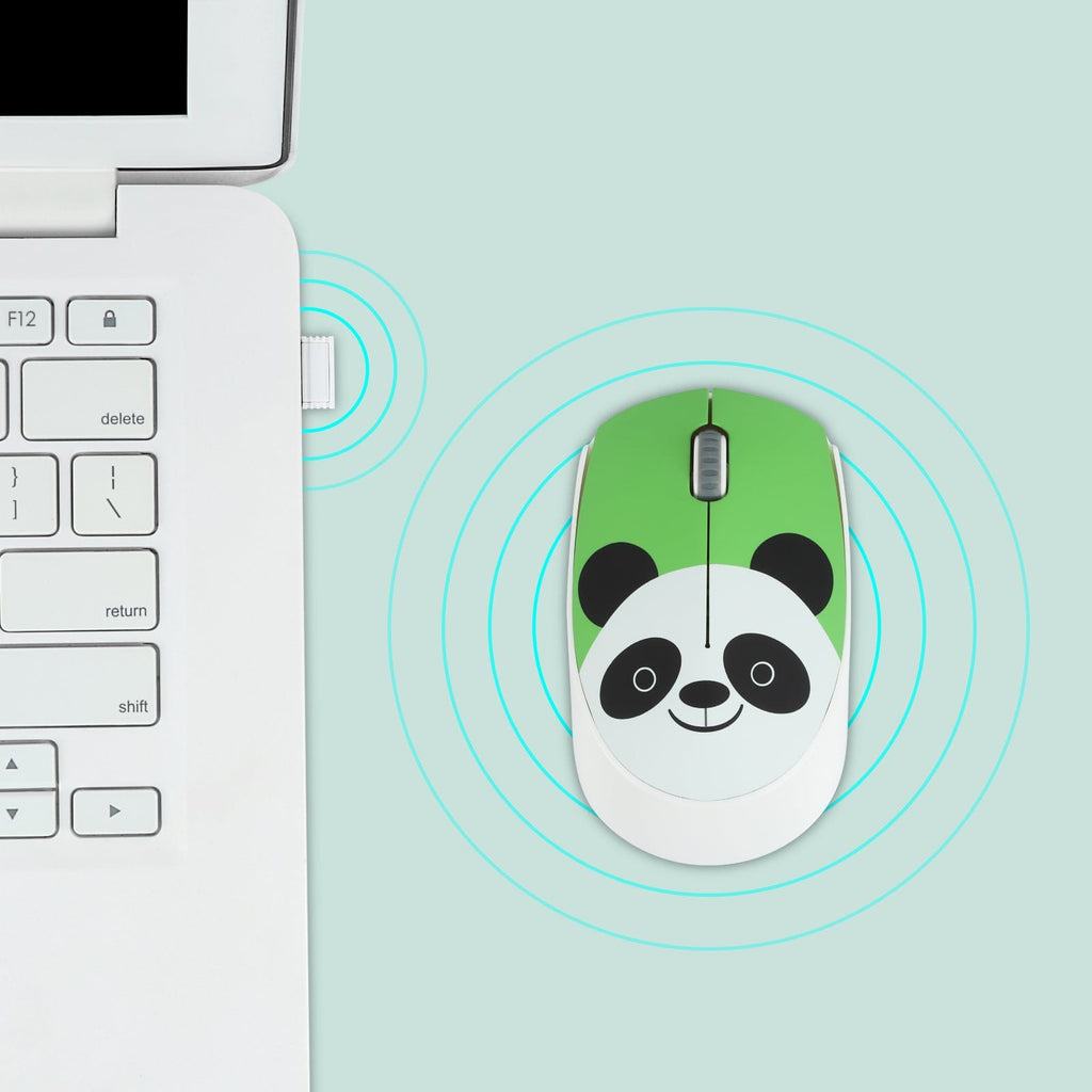 Adorable Wireless Panda Face Computer Mouse in action, easily connecting to various systems like Windows, Mac and Chromebook.