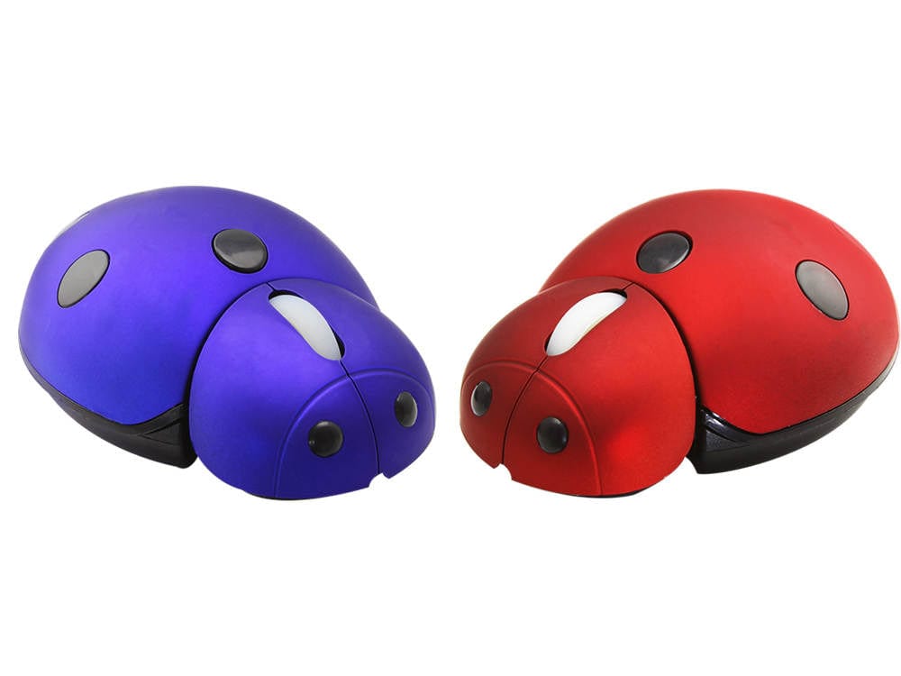 Cute Wireless Ladybird Computer Mouse with 1200 DPI showing ergonomic design and stylish red and blue colour options, perfect for insect lovers and compatible with Windows, Mac, Linux.