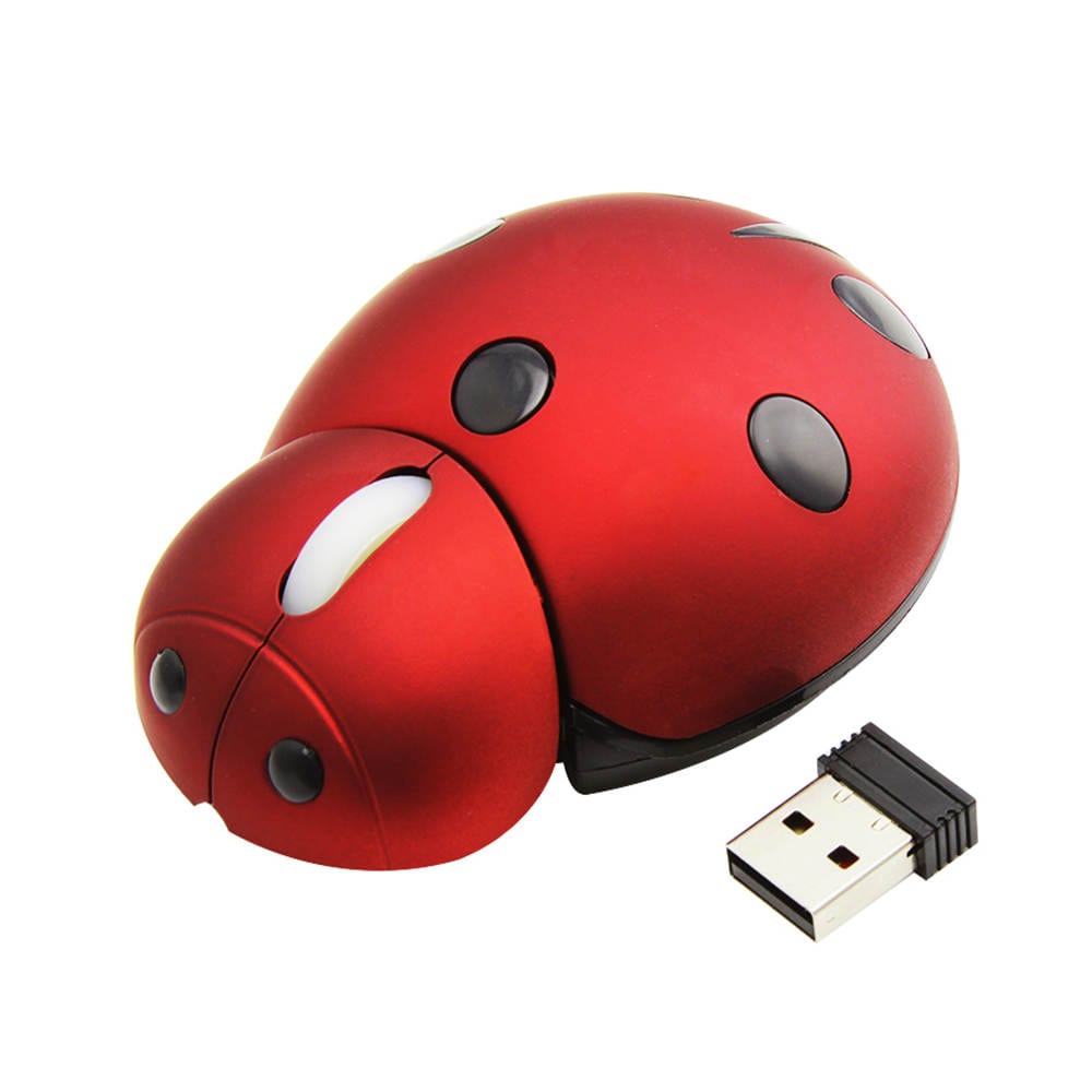 Cute Wireless Ladybird Computer Mouse with 1200 DPI placed beside a laptop, showcasing its compatibility with Windows, Mac, Linux, and featuring an included AAA battery for instant use.