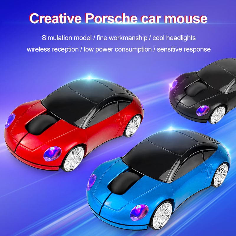 Wireless Sports Car Computer Mouse with 1000 DPI, highlighting the included 2 x AAA batteries and convenient USB dongle storage.