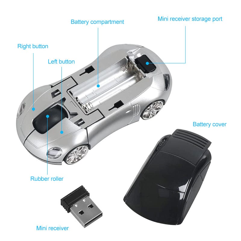 Close-up of the Wireless Sports Car Computer Mouse with 1000 DPI showing the ergonomic design and vibrant colours.