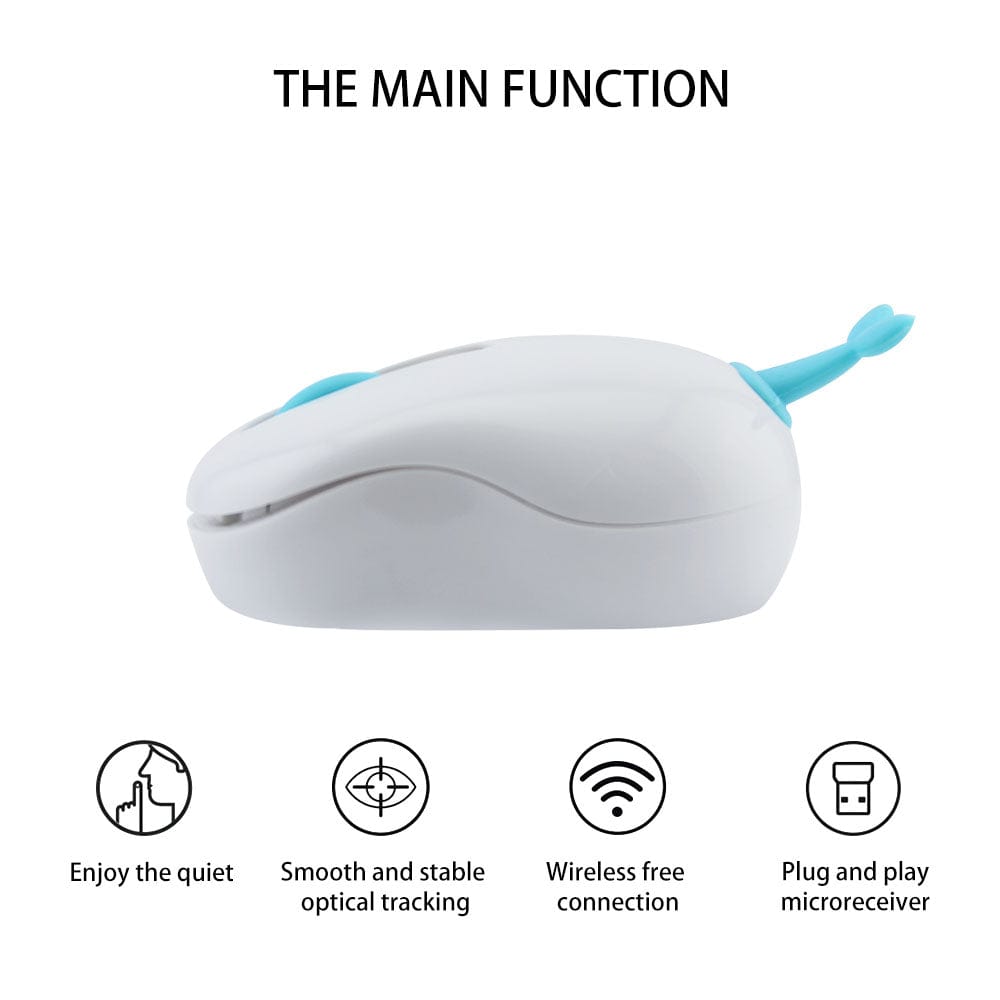 Fun Wireless Tail Computer Mouse with dimensions and specifications – Lightweight mini mouse for both hands, operates on AAA battery.
