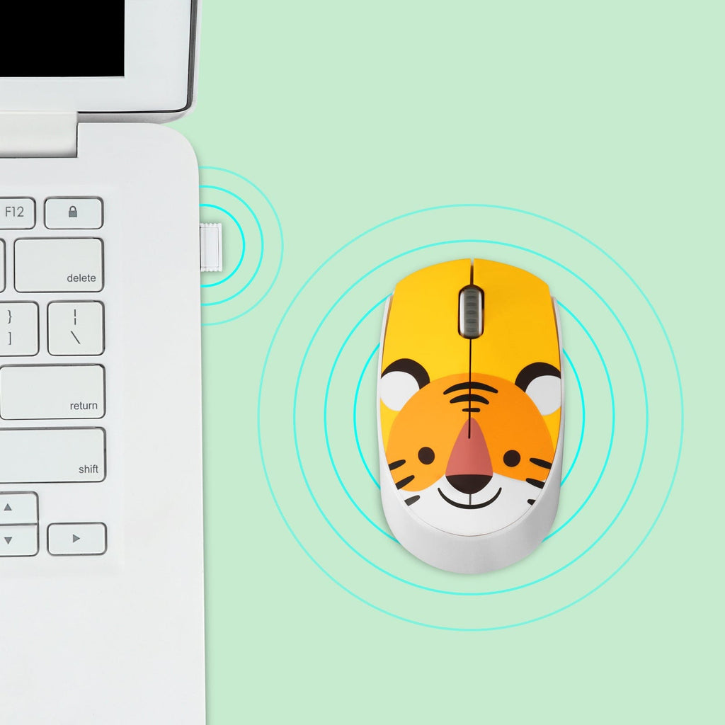 Cute Wireless Tiger Face Computer Mouse - 2.4GHz, Ergonomic Design, Compatible with Mac & Windows, highlighting its easy USB connectivity and fun animal-themed design.