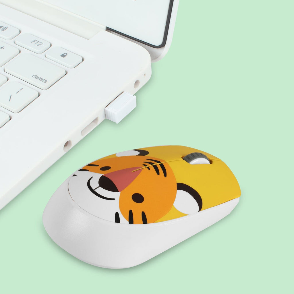 Cute Wireless Tiger Face Computer Mouse - 2.4GHz, Ergonomic Design, Compatible with Mac & Windows, featuring an ergonomic shape for comfortable use.