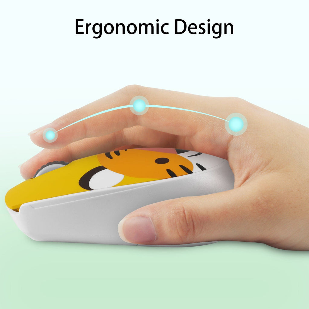 Cute Wireless Tiger Face Computer Mouse - 2.4GHz, Ergonomic Design, showing dimensions and battery compartment details.