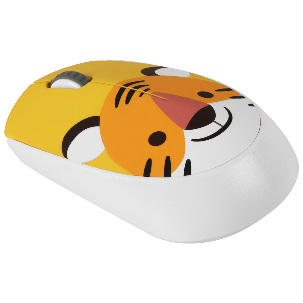 Cute Wireless Tiger Face Computer Mouse featuring black stripes and a smile, perfect gift for animal lovers. 2.4GHz connection, ergonomic design, compatible with Mac and Windows.