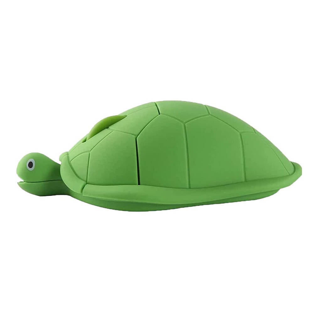 Fun Wireless Turtle Mouse on a desk, highlighting its compatibility with various systems like Windows, Mac, and Chromebook.